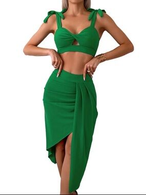 1116.  Green Asymmetrical Draped Midi Skirt Three Piece Bikini